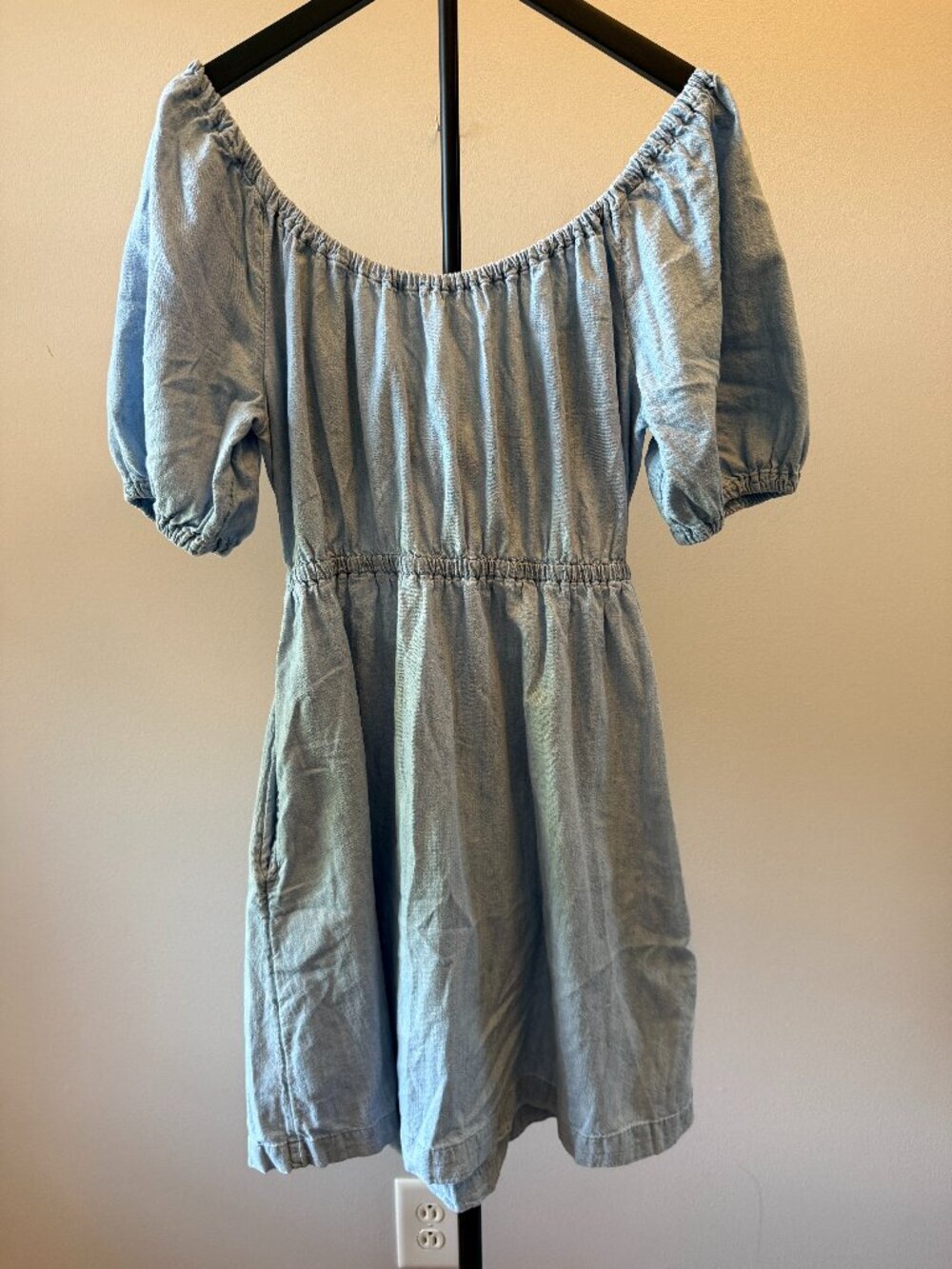 Old Navy Chambray Puff Sleeve Swing Dress Tie Back Size Medium